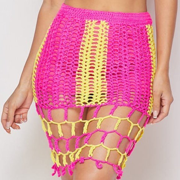 Pink/Yellow Crochet Beach Skirt Set - Picture 2 of 5